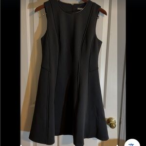 DKNY Black Midi Fit & Flare Sleeveless   Dress w/Faux Leather Trim